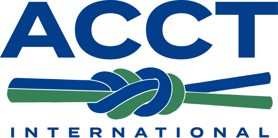 Blue text above and below a double figure 8 knot in blue and green reads, "ACCT INTERNATIONAL", which is the brand logo for ACCT International.