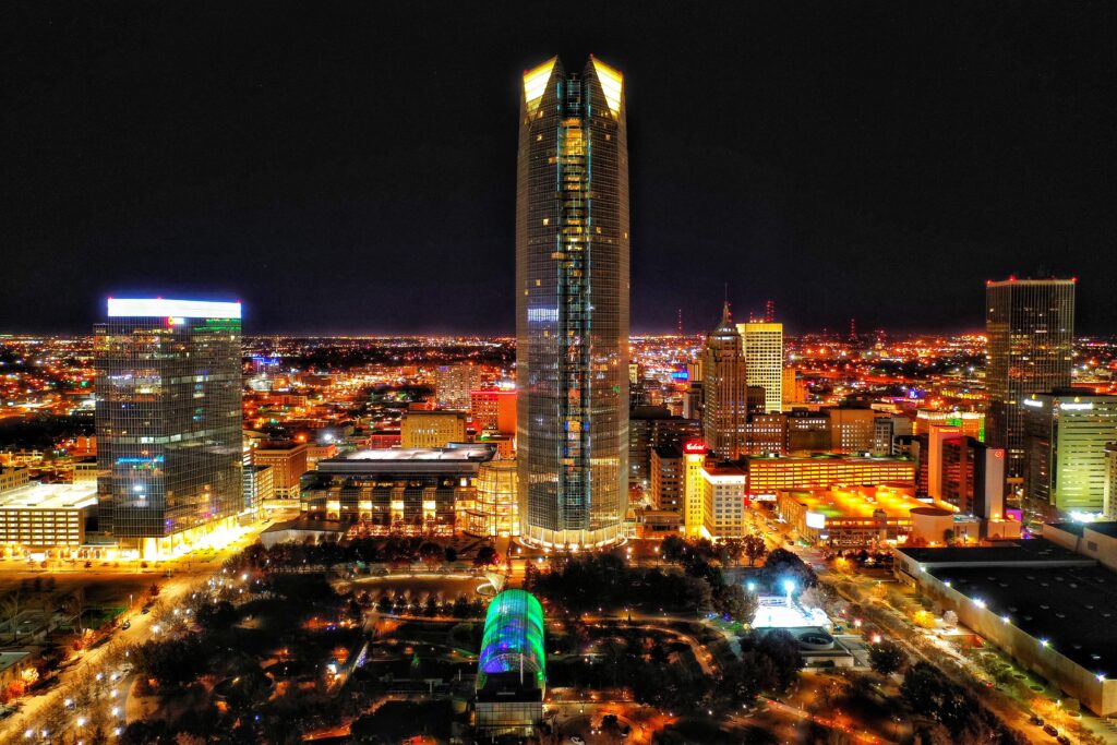 Downtown Oklahoma City is seen at night.