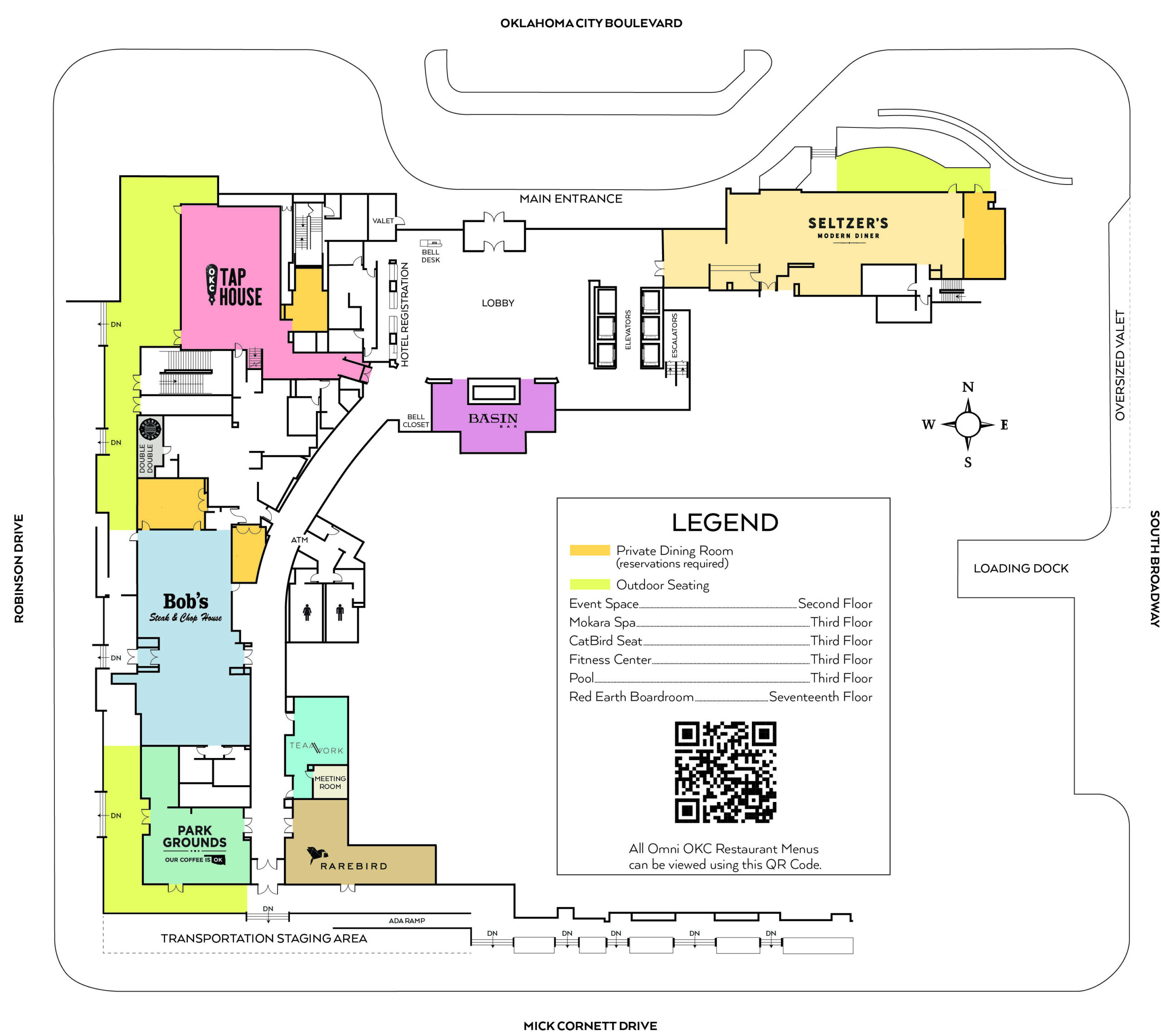 A floor plan of the first floor of the Omni Oklahoma City Hotel depicts a number of onsite restaurants, shops, and an accessible team of staff ready to help any attendee of the 36th ACCT International Conference and Exposition or hotel guest.